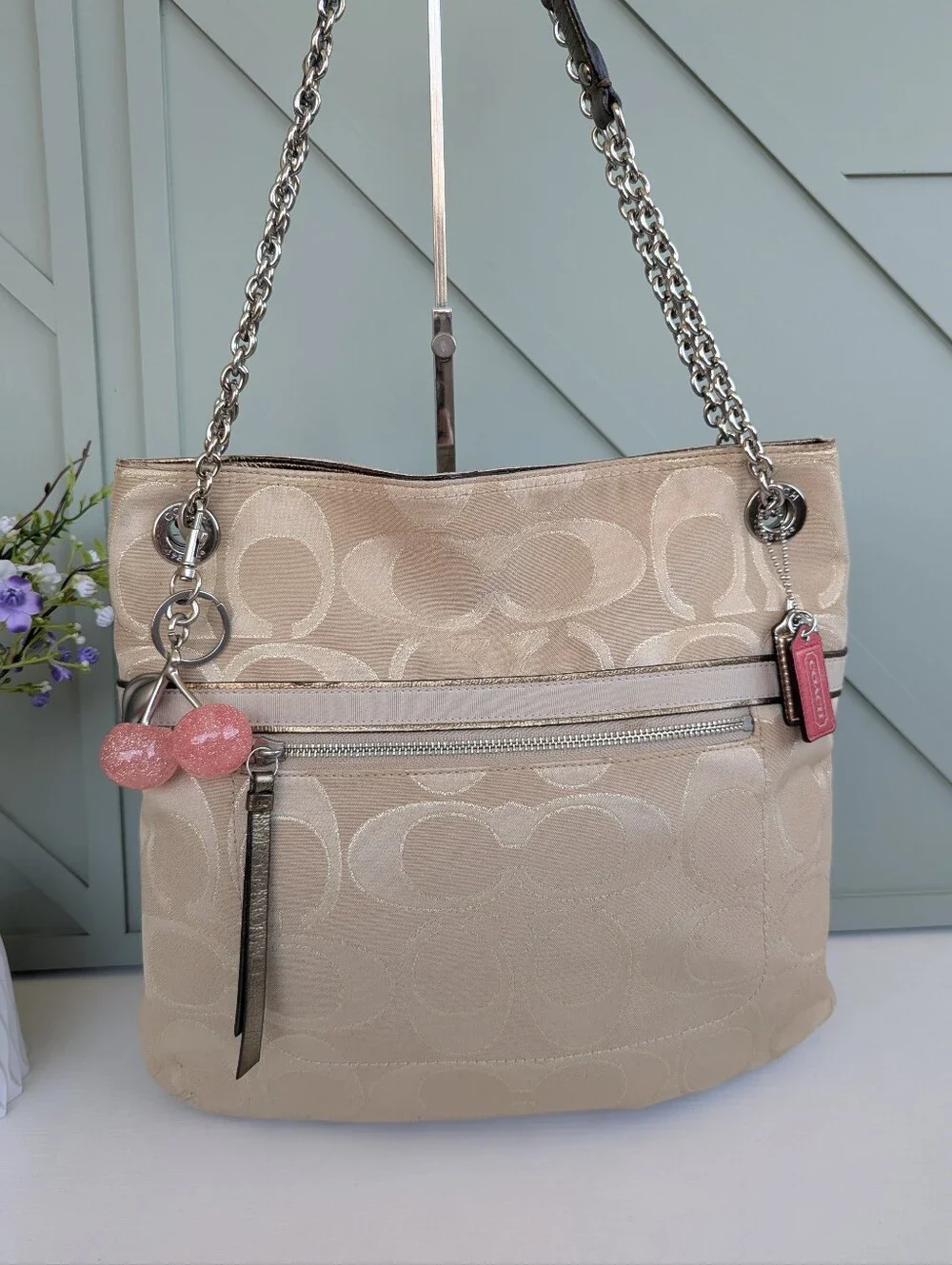 Coach Poppy Signature Metallic Slim Tote